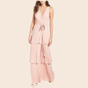 AFRM Pastel Pink Polka Dot Tiered Wrap Maxi Dress Size Small